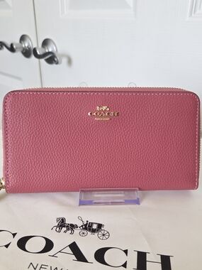 COACH Pink Pebbled Leather Large Zip-Around Wallet with Gold Logo